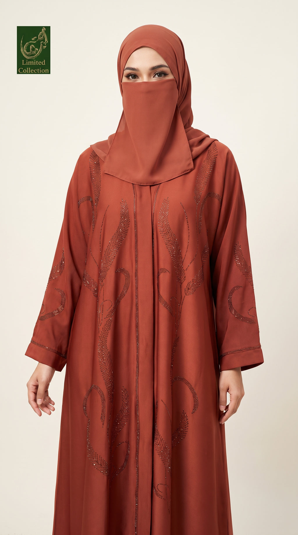 Front-Open Feathered Vine Stonework Abaya | Premium Romantic Nida Colored Stone-Embellished Abaya