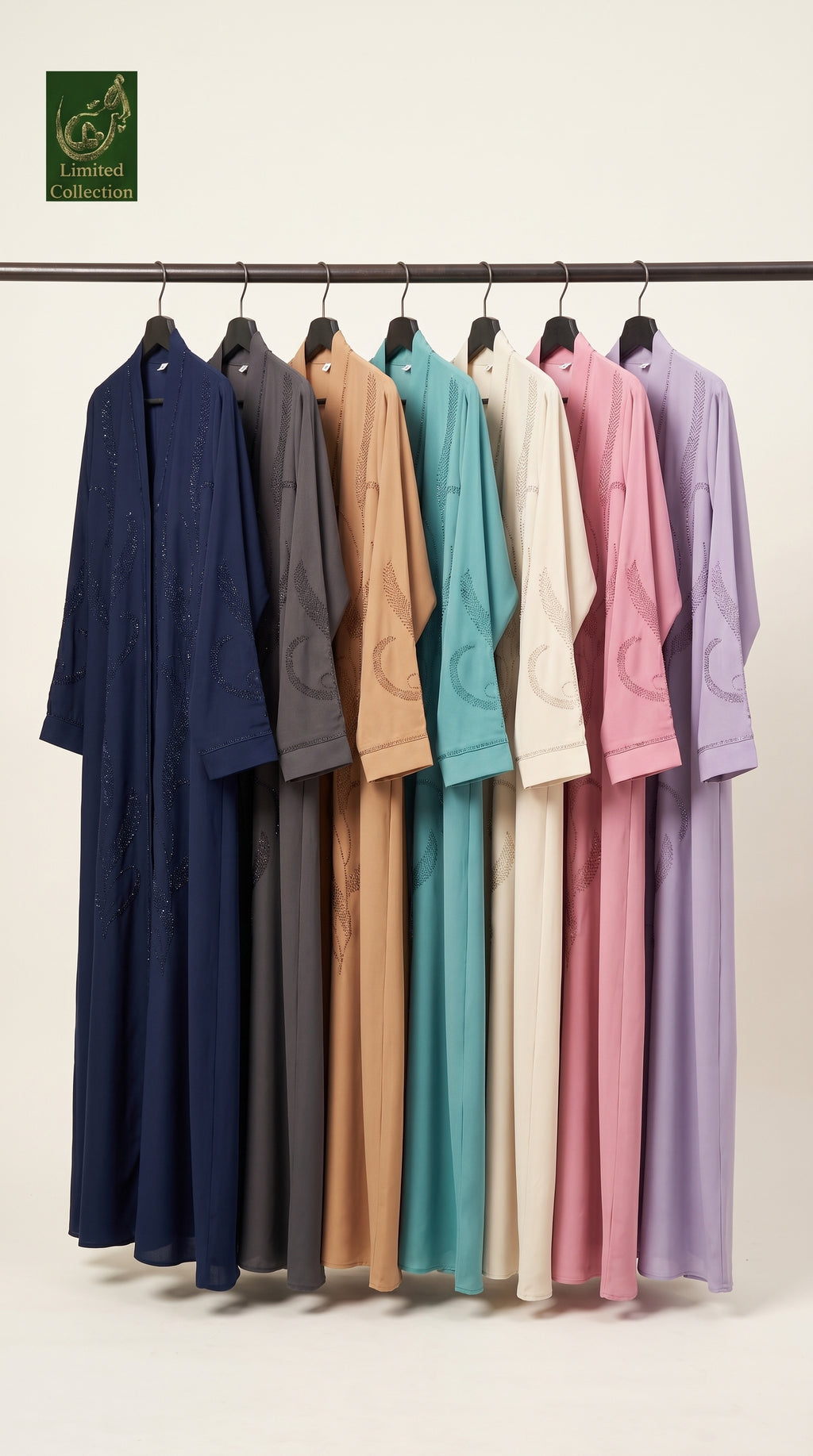 Front-Open Feathered Vine Stonework Abaya | Premium Romantic Nida Colored Stone-Embellished Abaya