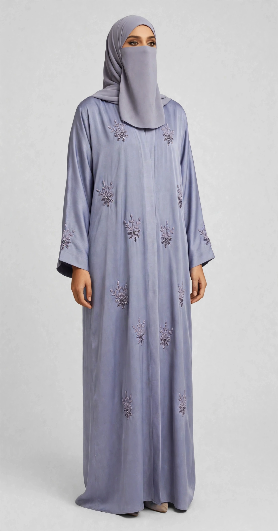 Front-Open Scattered Floral Sprigs Motif Stonework Abaya | Premium Romantic Nida Colored Stone-Embellished Abaya