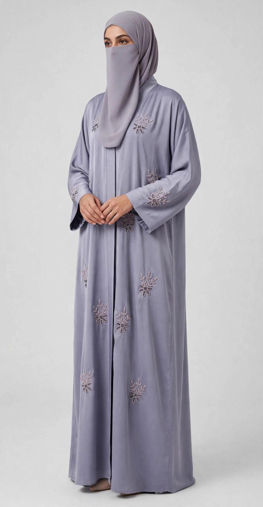 Front-Open Scattered Floral Sprigs Motif Stonework Abaya | Premium Romantic Nida Colored Stone-Embellished Abaya