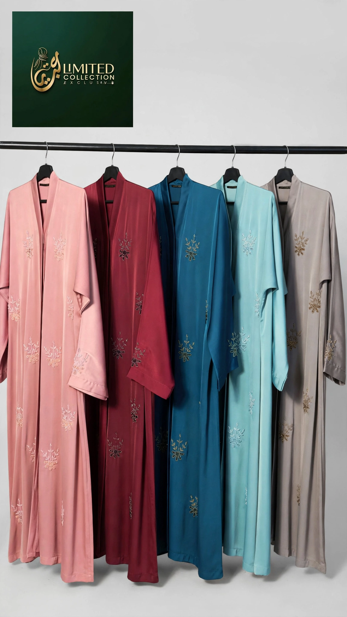 Front-Open Scattered Floral Sprigs Motif Stonework Abaya | Premium Romantic Nida Colored Stone-Embellished Abaya
