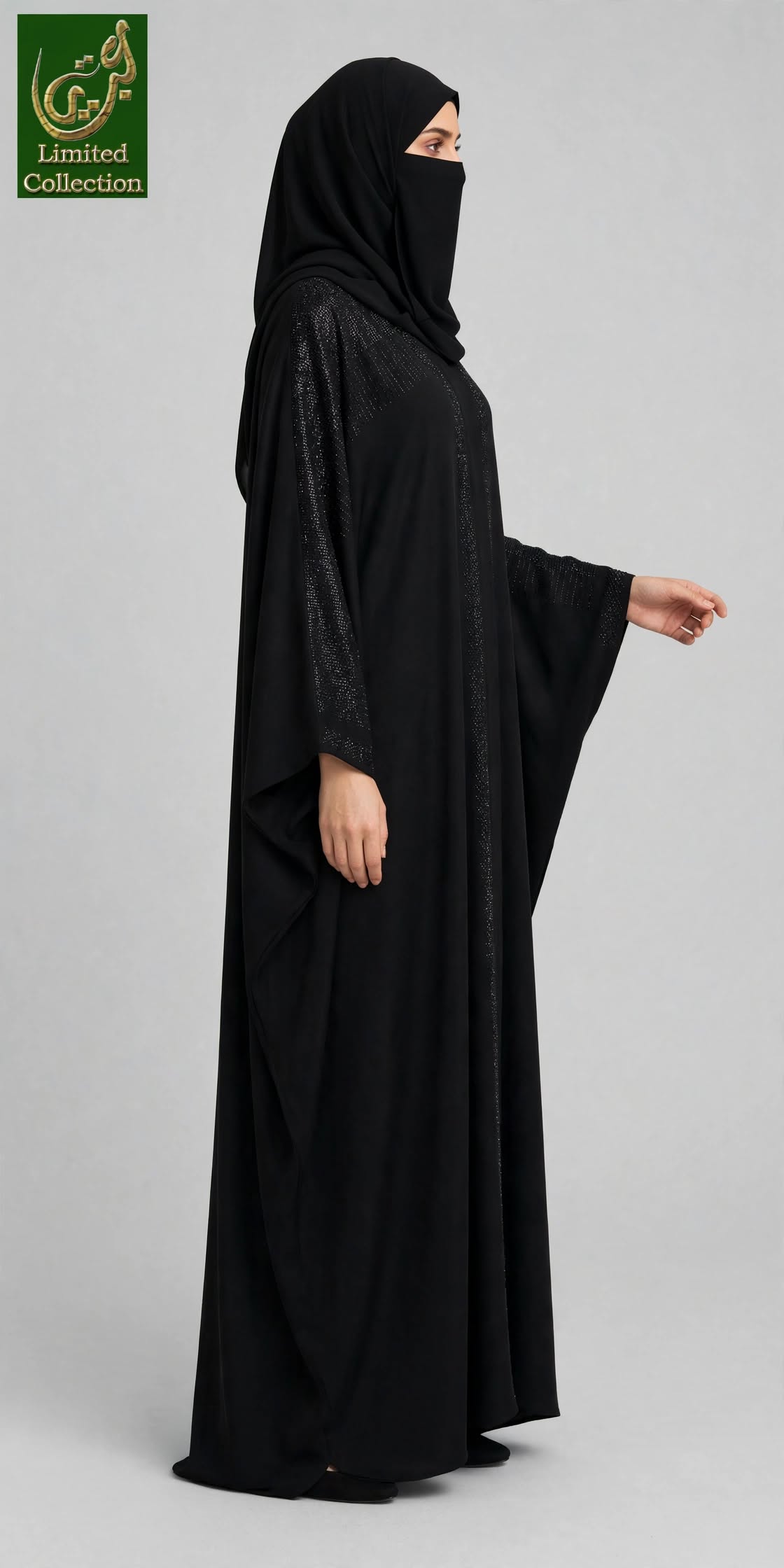 Front-Open Shimmer Panel Stonework Butterfly Black Abaya | Premium Nida Black Stone-Embellished Butterfly Abaya