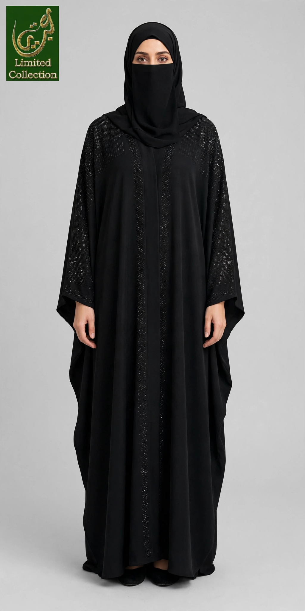 Front-Open Shimmer Panel Stonework Butterfly Black Abaya | Premium Nida Black Stone-Embellished Butterfly Abaya