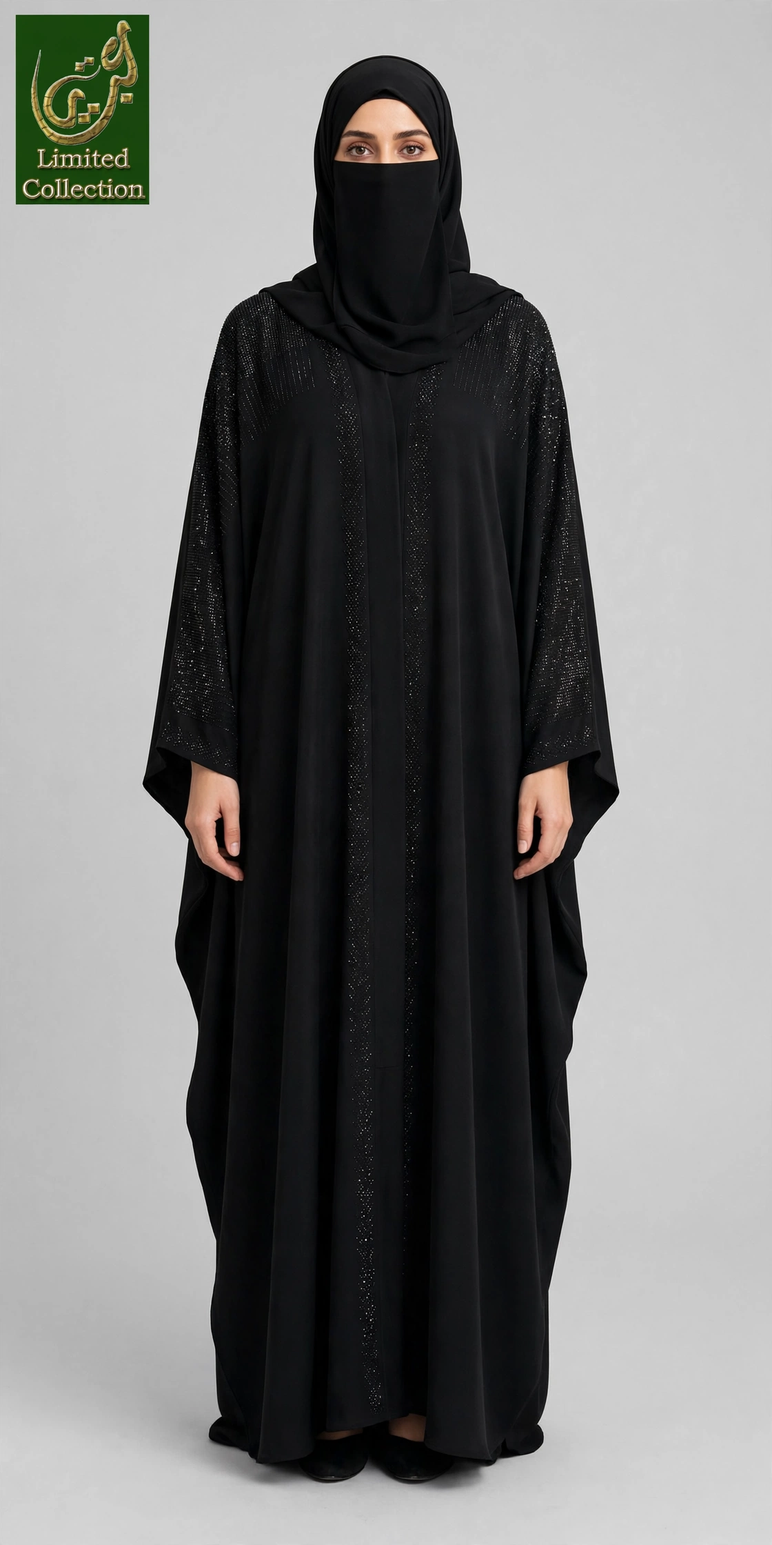 Front-Open Shimmer Panel Stonework Butterfly Black Abaya | Premium Nida Black Stone-Embellished Butterfly Abaya
