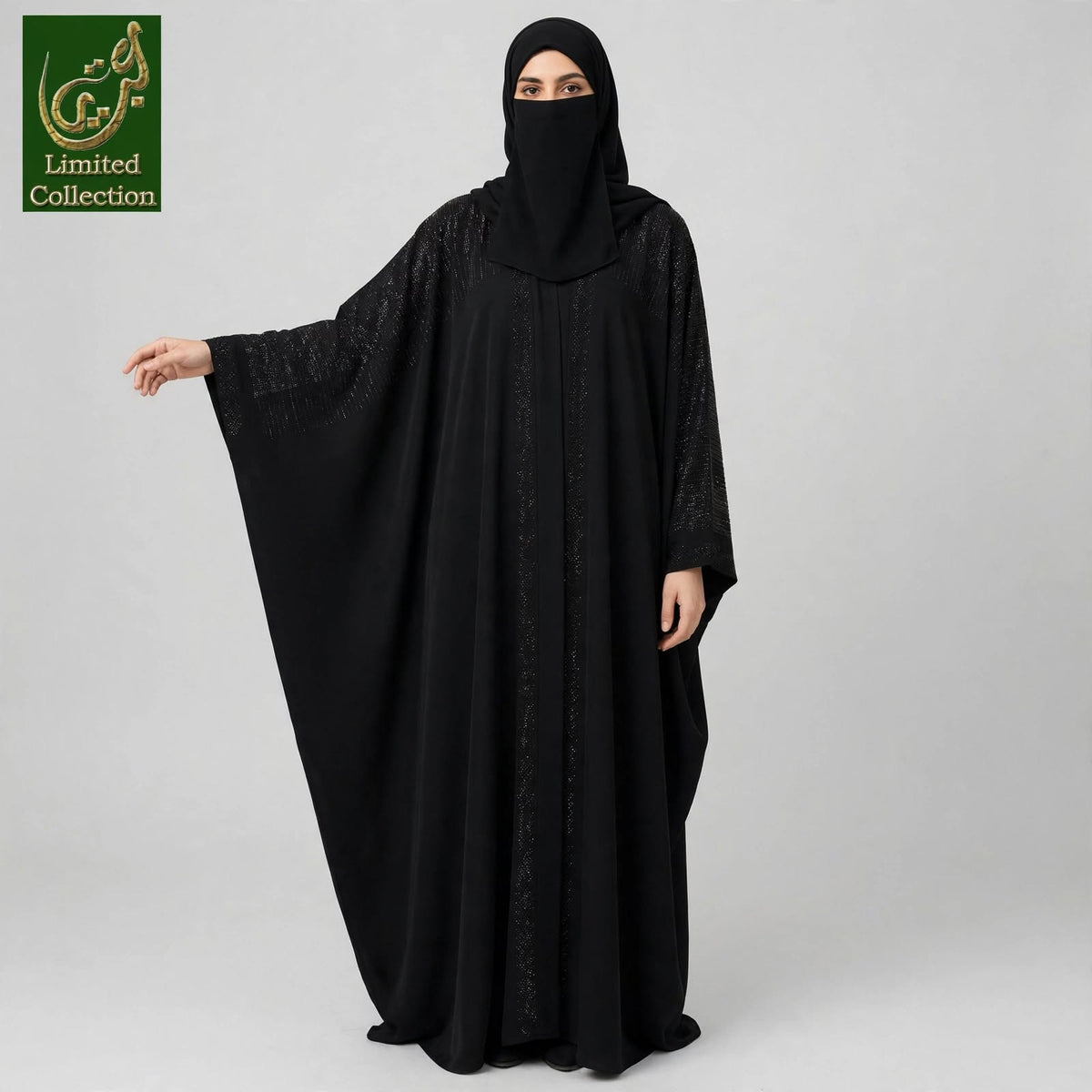 Front-Open Shimmer Panel Stonework Butterfly Black Abaya | Premium Nida Black Stone-Embellished Butterfly Abaya