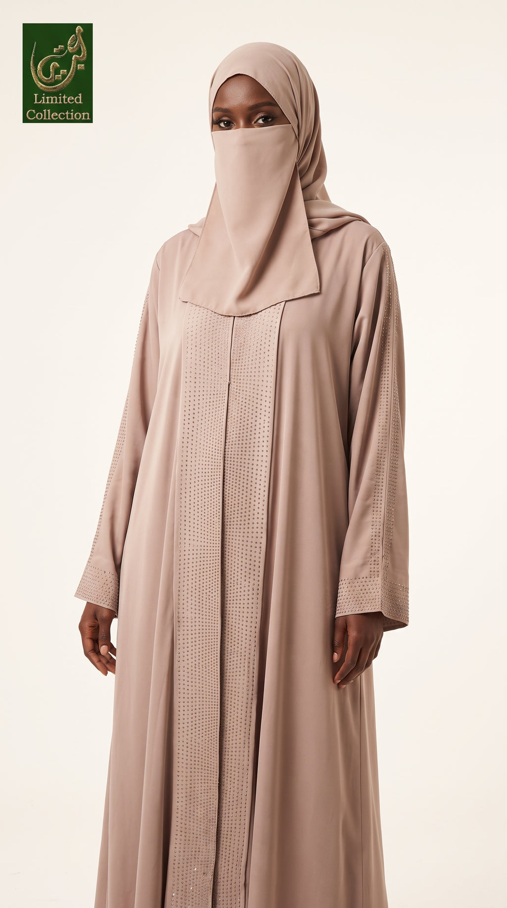 Front-Open Dotted Stonework Abaya | Premium Romantic Nida Colored Stone-Studded Abaya