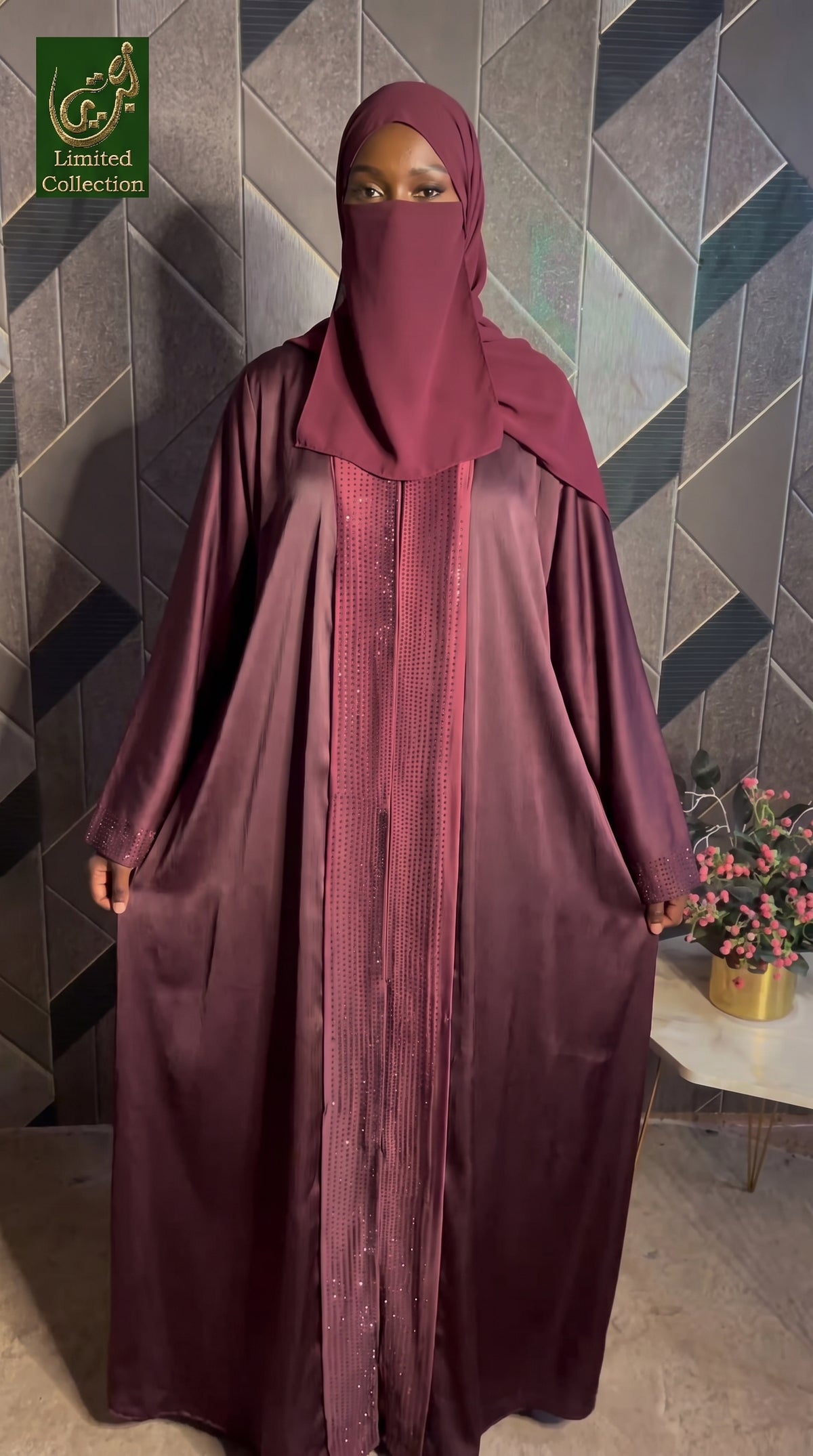 Front-Open Dotted Stonework Abaya | Premium Romantic Nida Colored Stone-Studded Abaya