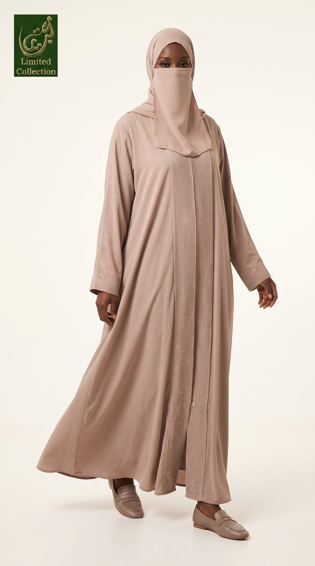 Front-Open Dotted Stonework Abaya | Premium Romantic Nida Colored Stone-Studded Abaya