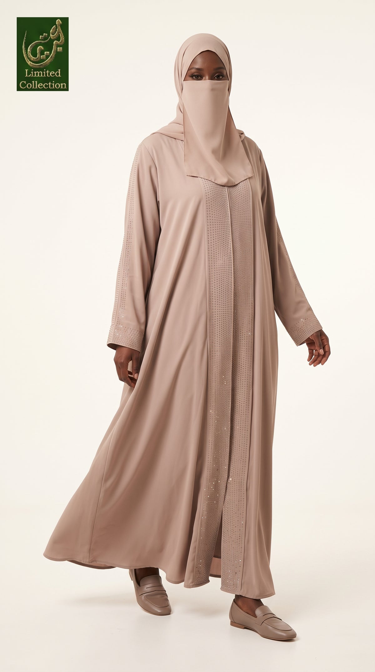 Front-Open Dotted Stonework Abaya | Premium Romantic Nida Colored Stone-Studded Abaya