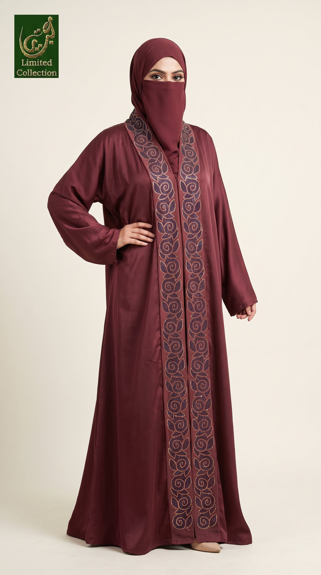 Front-Open Rose Vine Panel Stonework Abaya | Premium Romantic Nida Colored Stone-Embellished Abaya