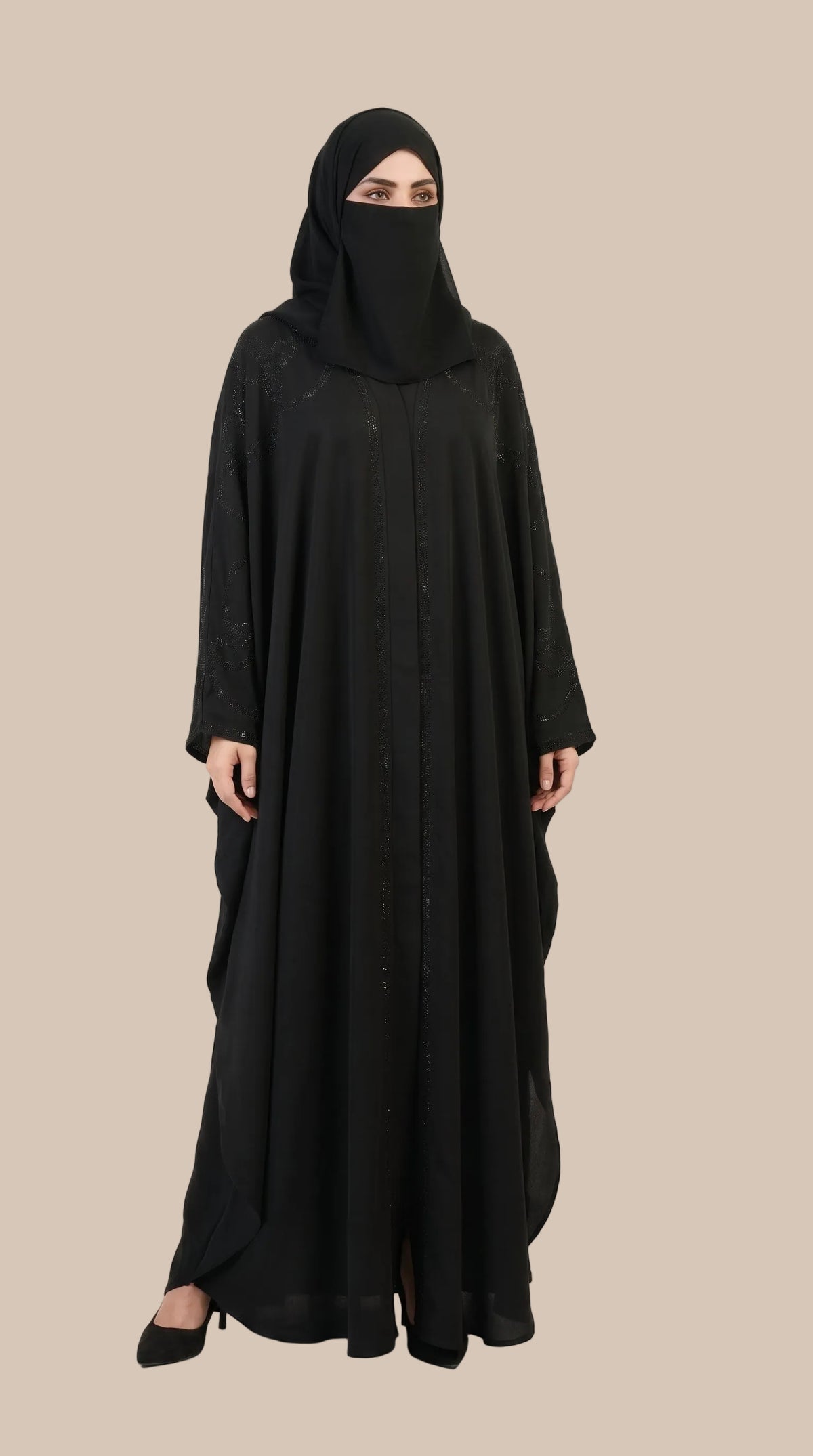 Front-Open Swirl Stonework Butterfly Black Abaya | Premium Nida Black Stone-Embellished Butterfly Abaya
