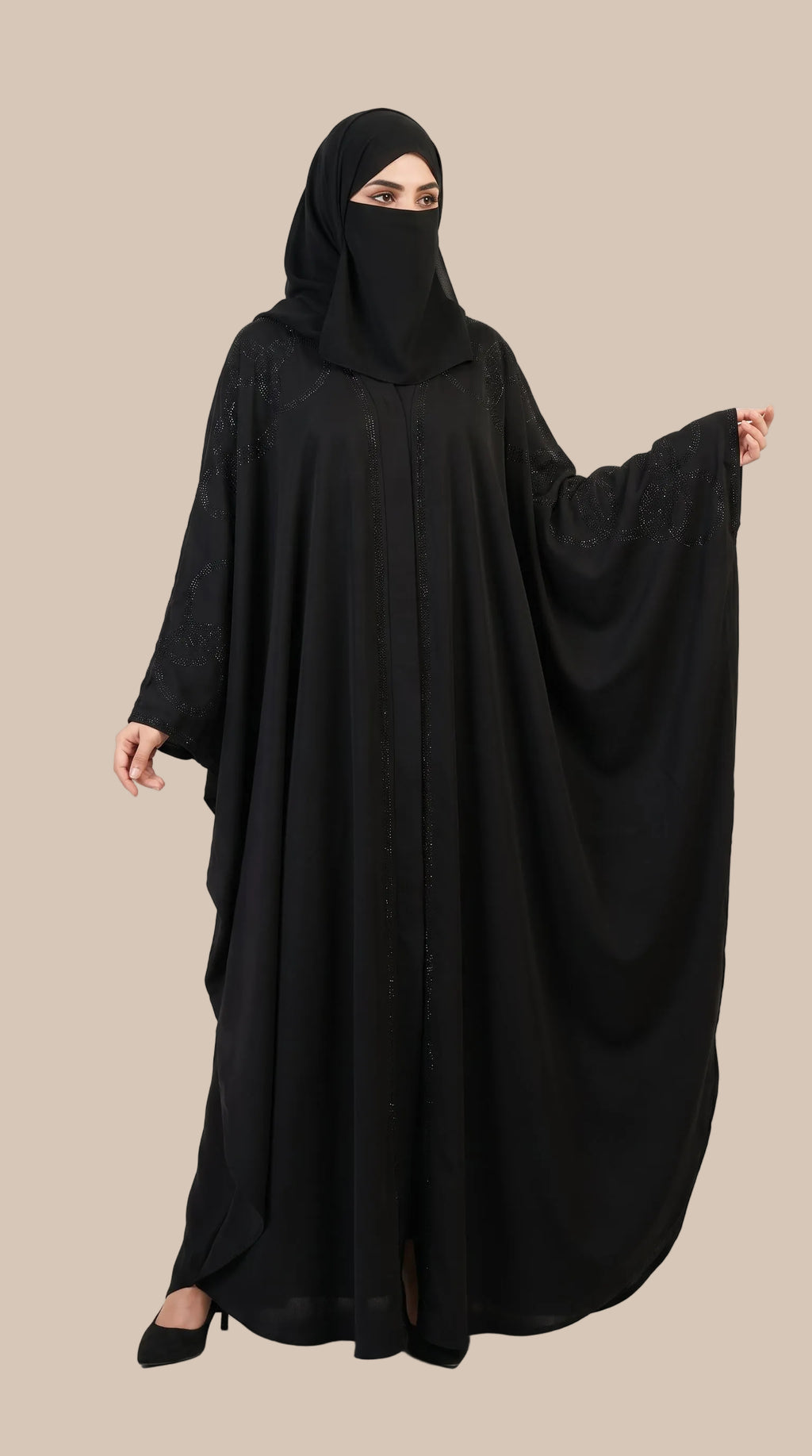 Front-Open Swirl Stonework Butterfly Black Abaya | Premium Nida Black Stone-Embellished Butterfly Abaya