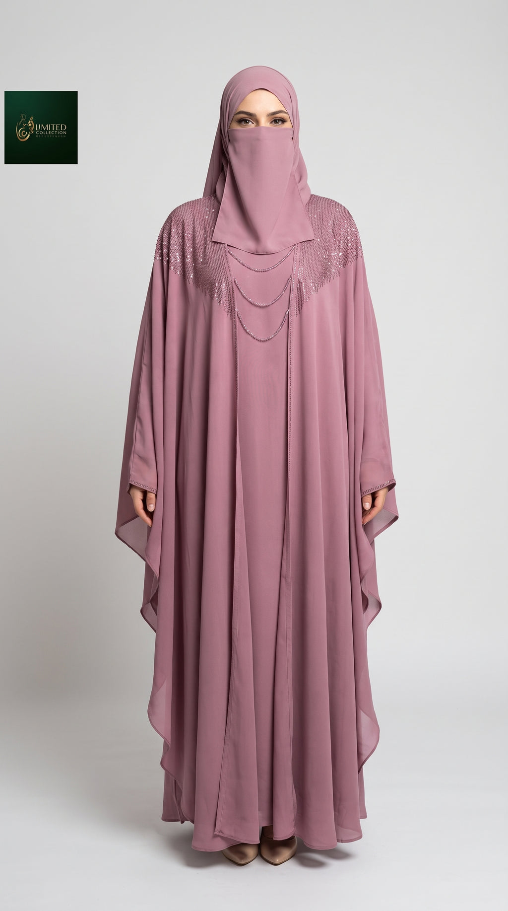 Front-Closed Stonework Butterfly Abaya With Attached Inner, Scarf & Niqab | 2 pc Set Premium Nida Abaya with Scarf & Niqab