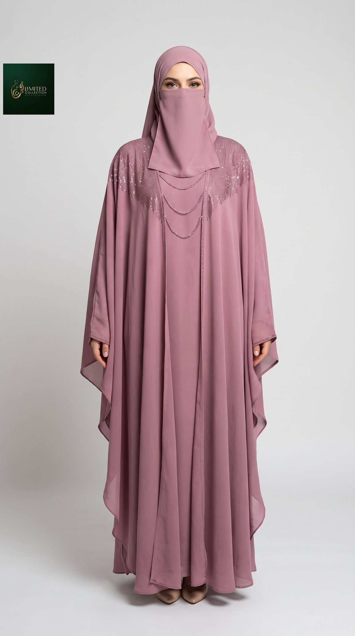 Front-Closed Stonework Butterfly Abaya With Attached Inner, Scarf & Niqab | 2 pc Set Premium Nida Abaya with Scarf & Niqab