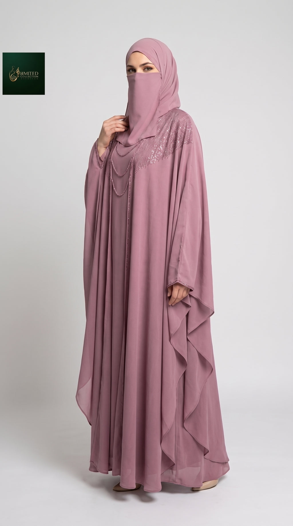 Front-Closed Stonework Butterfly Abaya With Attached Inner, Scarf & Niqab | 2 pc Set Premium Nida Abaya with Scarf & Niqab