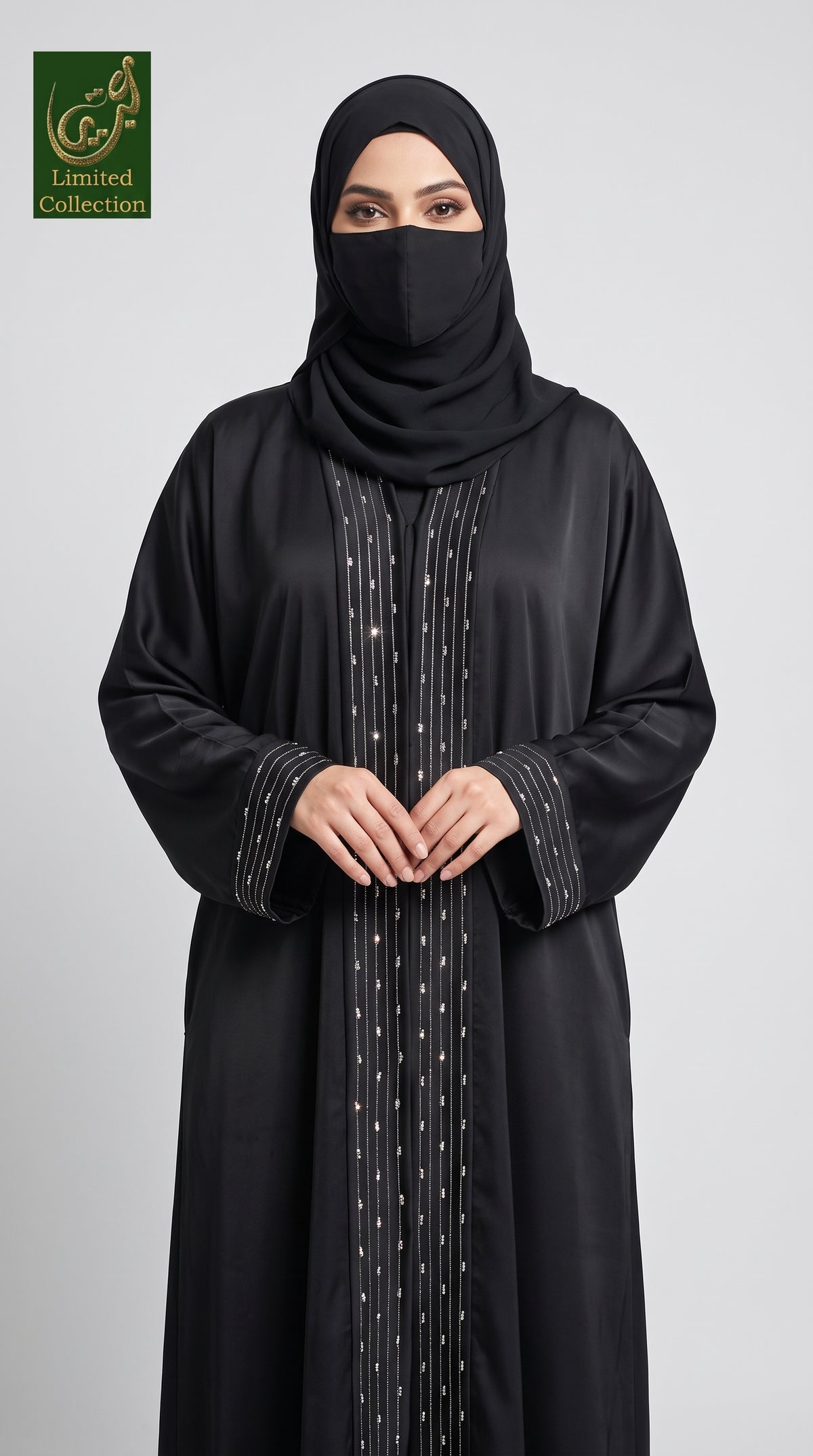 Front-Open Stripe Stonework Panel Black Abaya | Premium Nida Black Stone-Studded Abaya