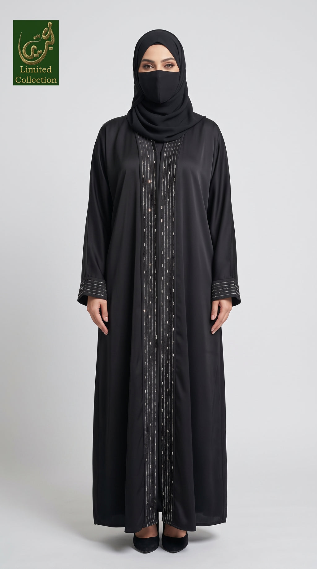 Front-Open Stripe Stonework Panel Black Abaya | Premium Nida Black Stone-Studded Abaya