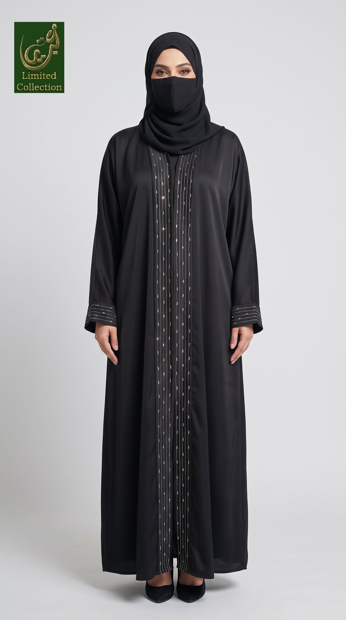 Front-Open Stripe Stonework Panel Black Abaya | Premium Nida Black Stone-Studded Abaya