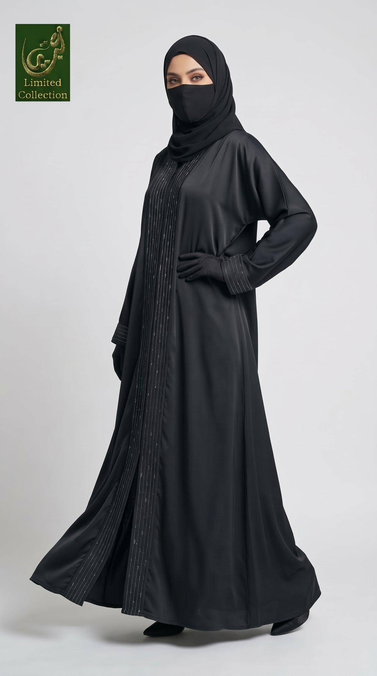 Front-Open Stripe Stonework Panel Black Abaya | Premium Nida Black Stone-Studded Abaya