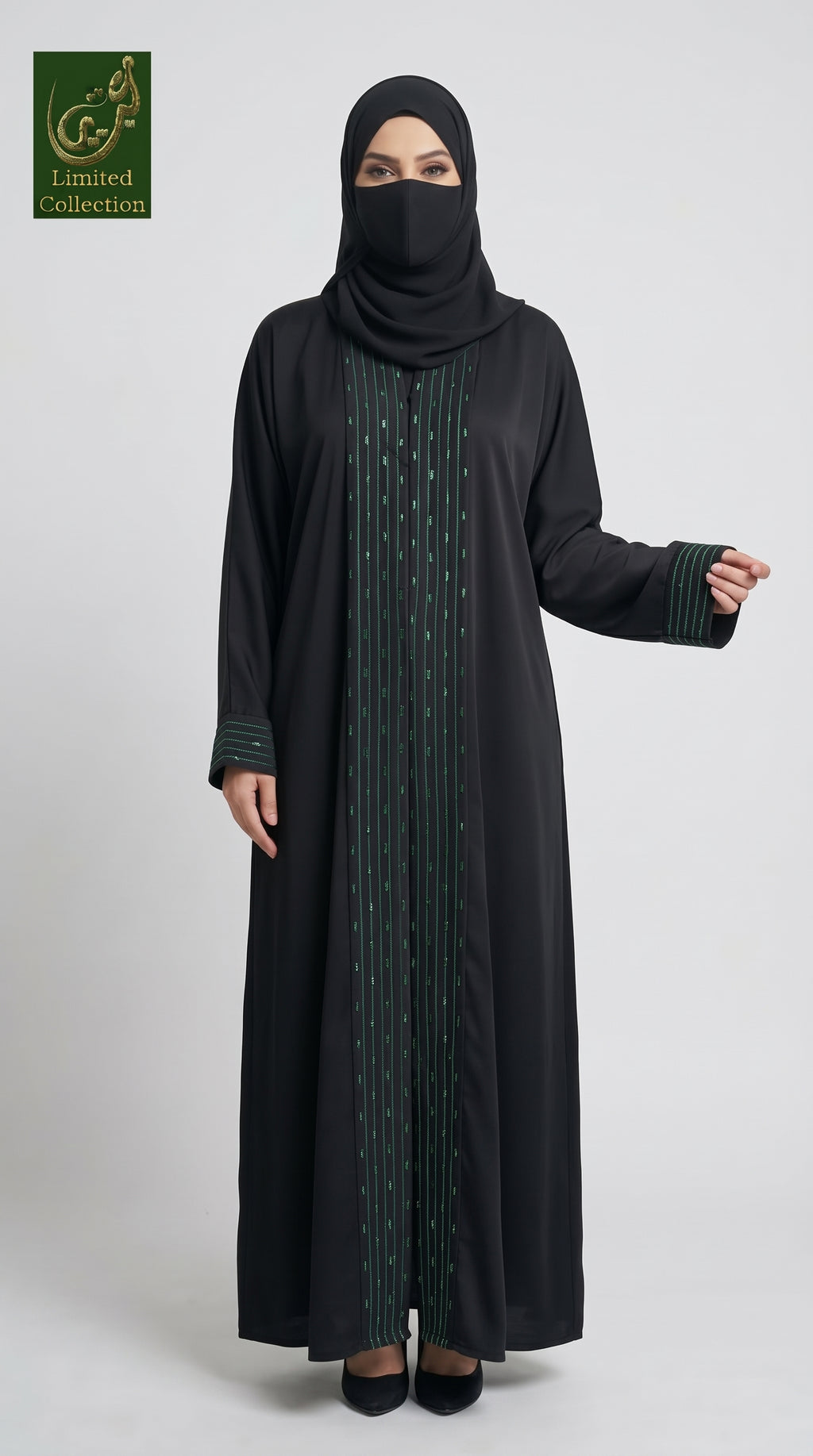Front-Open Stripe Stonework Panel Black Abaya | Premium Nida Black Stone-Studded Abaya