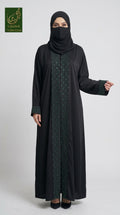 Front-Open Stripe Stonework Panel Black Abaya | Premium Nida Black Stone-Studded Abaya