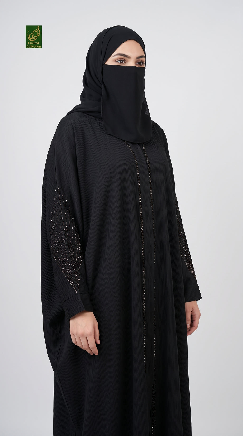 Front-Open Radiant Stonework Butterfly Black Abaya | Premium Nida Black Stone-Studded Butterfly Abaya