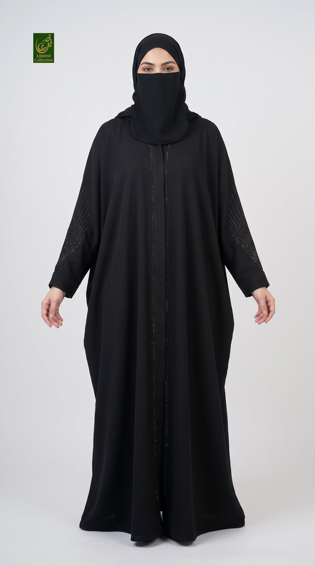 Front-Open Radiant Stonework Butterfly Black Abaya | Premium Nida Black Stone-Studded Butterfly Abaya