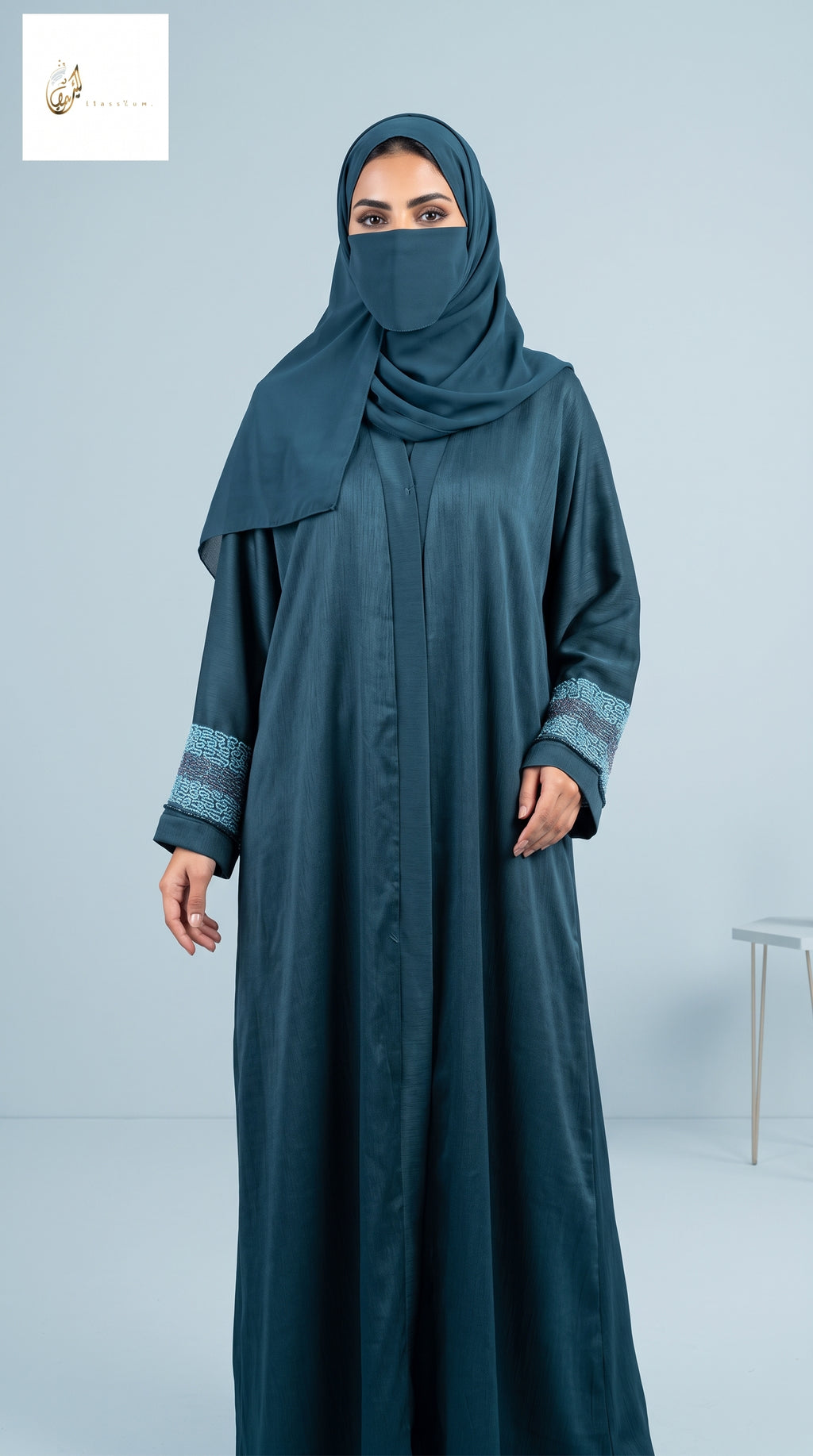 Front-Open Patterned Stonework Cuff Abaya | Premium Romantic Nida Abaya with Stone-Studded Cuffs