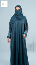 Front-Open Patterned Stonework Cuff Abaya | Premium Romantic Nida Abaya with Stone-Studded Cuffs
