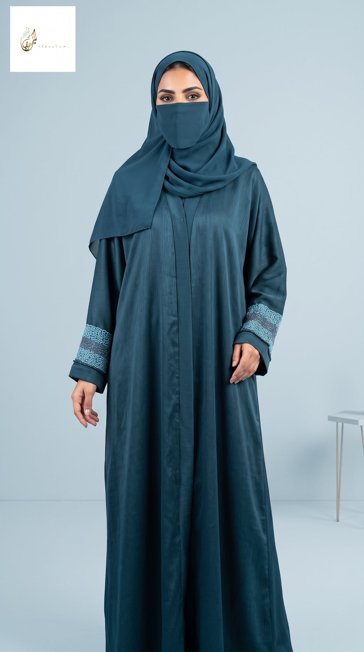 Front-Open Patterned Stonework Cuff Abaya | Premium Romantic Nida Abaya with Stone-Studded Cuffs