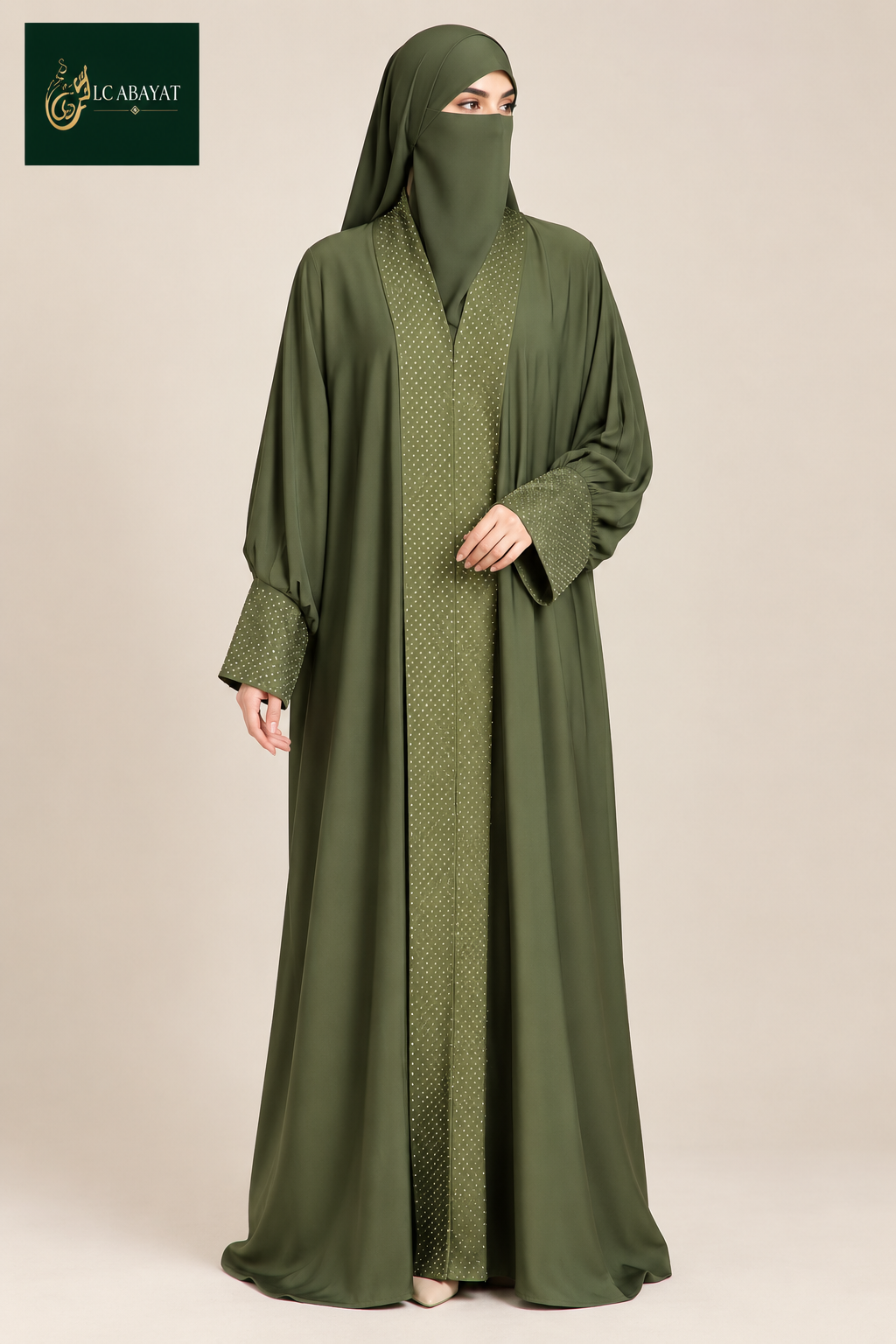 Front-Open Dotted Stonework Butterfly Abaya | Premium Romantic Nida Butterfly Abaya with Stone-Studded Panel & Cuffs