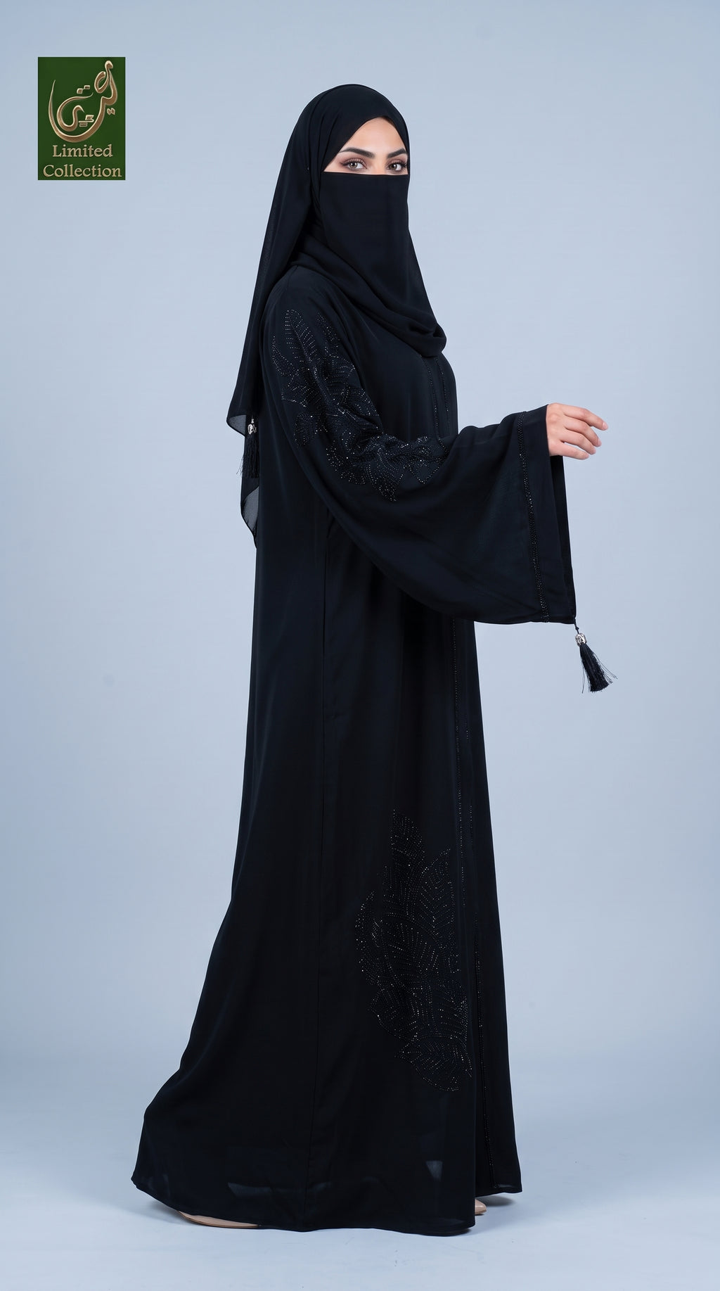 Front-Open Leaf Stonework Black Abaya with Tassels | Premium Romantic Nida Black Stone-Studded Abaya