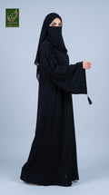 Front-Open Leaf Stonework Black Abaya with Tassels | Premium Romantic Nida Black Stone-Studded Abaya