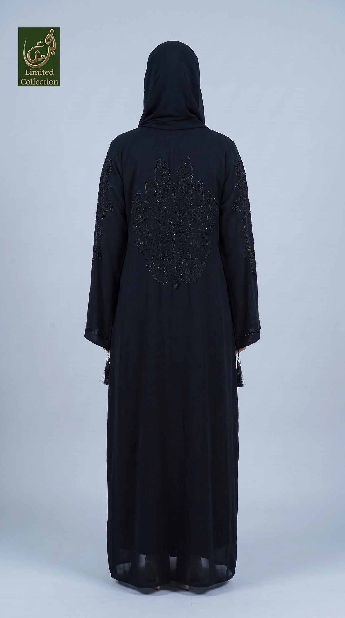Front-Open Leaf Stonework Black Abaya with Tassels | Premium Romantic Nida Black Stone-Studded Abaya