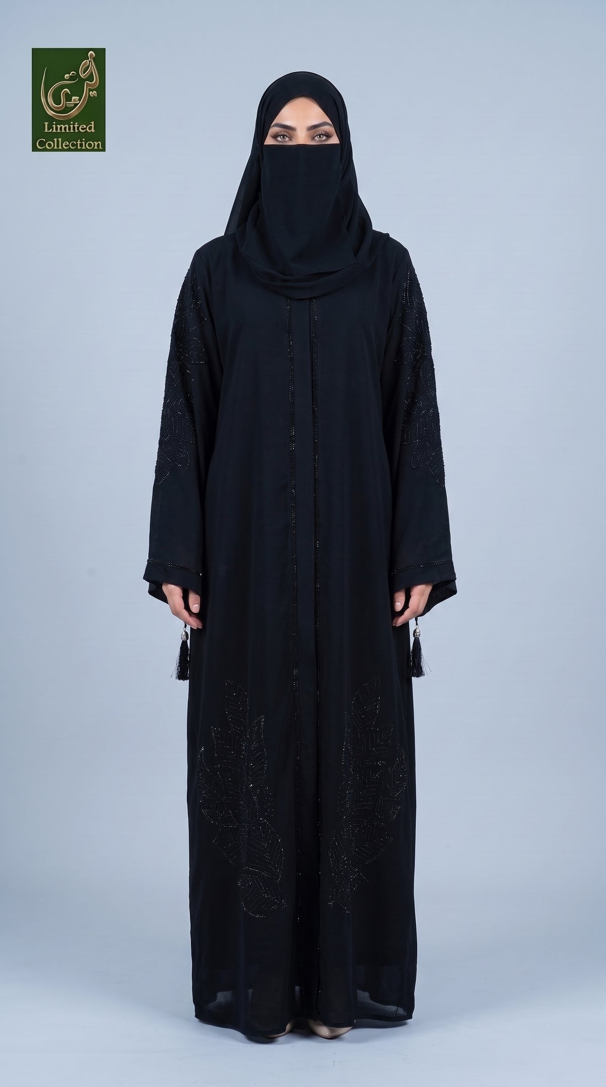 Front-Open Leaf Stonework Black Abaya with Tassels | Premium Romantic Nida Black Stone-Studded Abaya