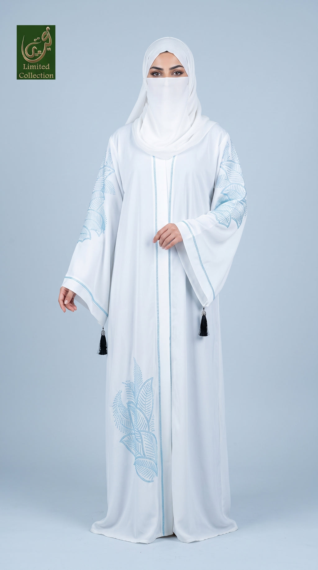Front-Open Leaf Stonework Abaya with Tassels | Premium Romantic Nida Stone-Studded Abaya