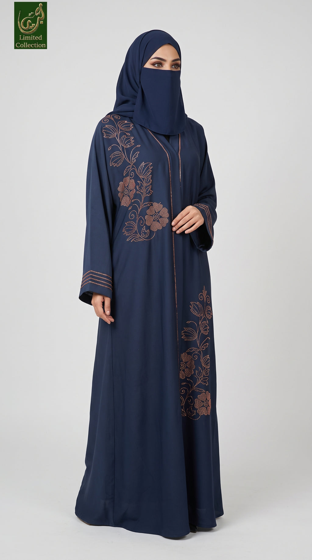 Front-Open Rose-Gold Floral Stonework Black Abaya | Premium Romantic Nida Stone-Studded Abaya