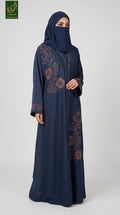 Front-Open Rose-Gold Floral Stonework Black Abaya | Premium Romantic Nida Stone-Studded Abaya