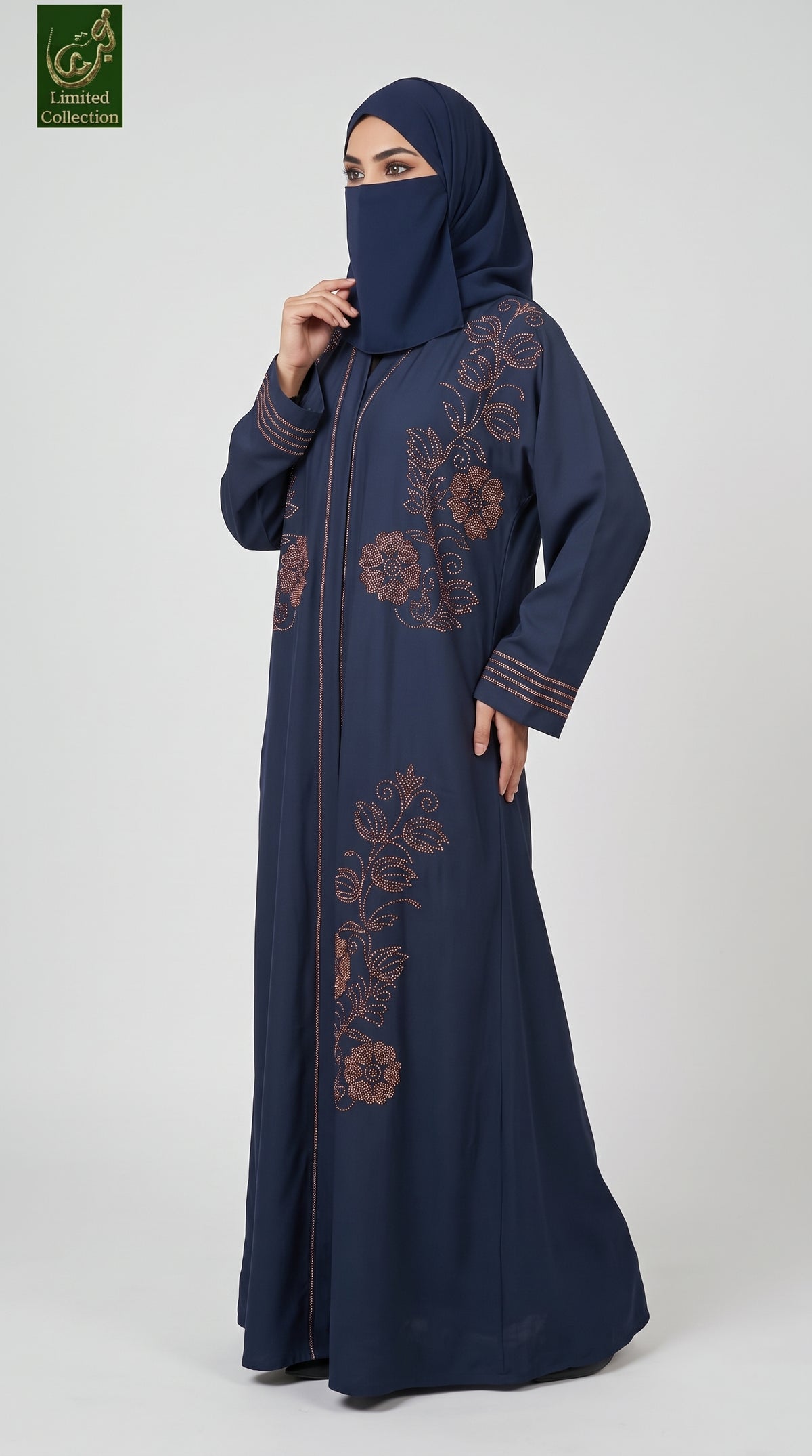 Front-Open Rose-Gold Floral Stonework Black Abaya | Premium Romantic Nida Stone-Studded Abaya