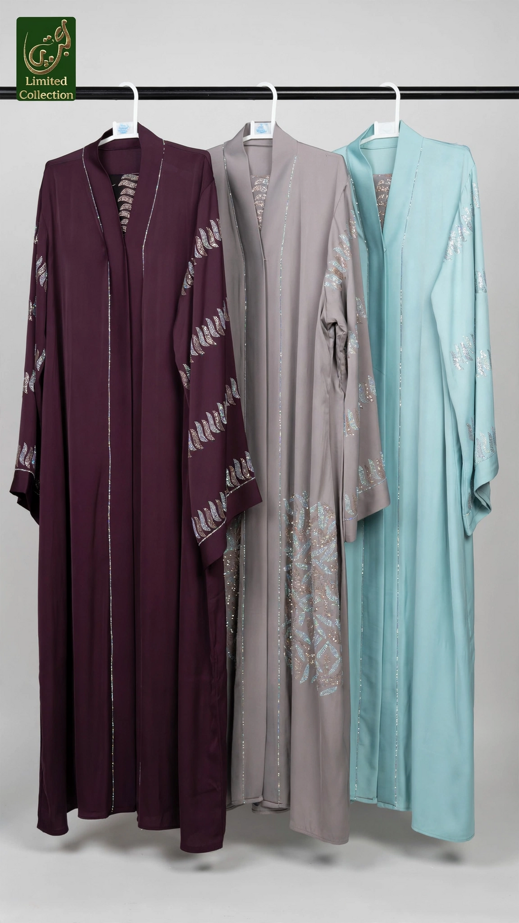 Front-Open High-Neck Leaf Cluster Stonework Abaya | Premium Nida Abaya with Stonework on Sleeves & Back