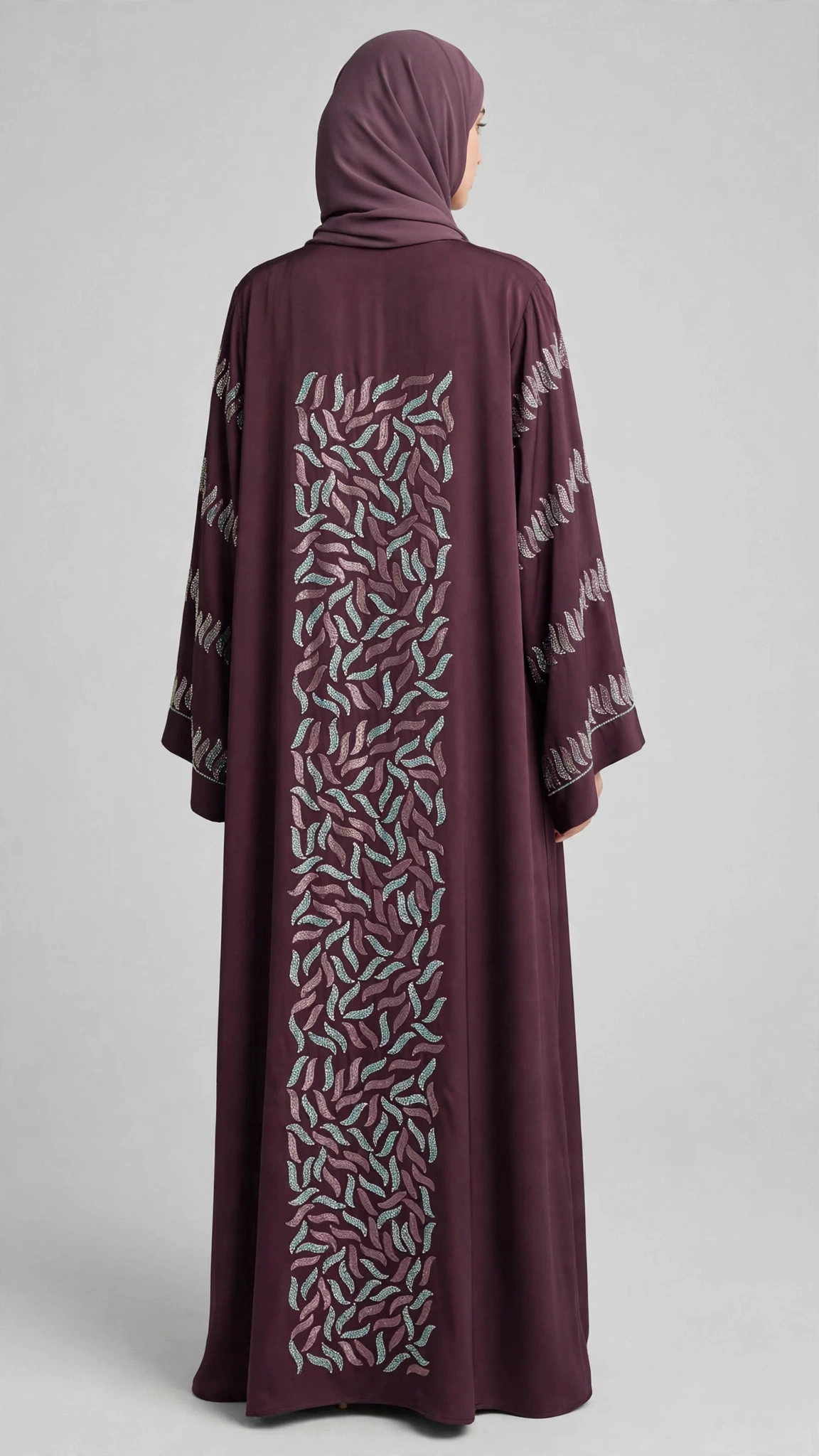 Front-Open High-Neck Leaf Cluster Stonework Abaya | Premium Nida Abaya with Stonework on Sleeves & Back
