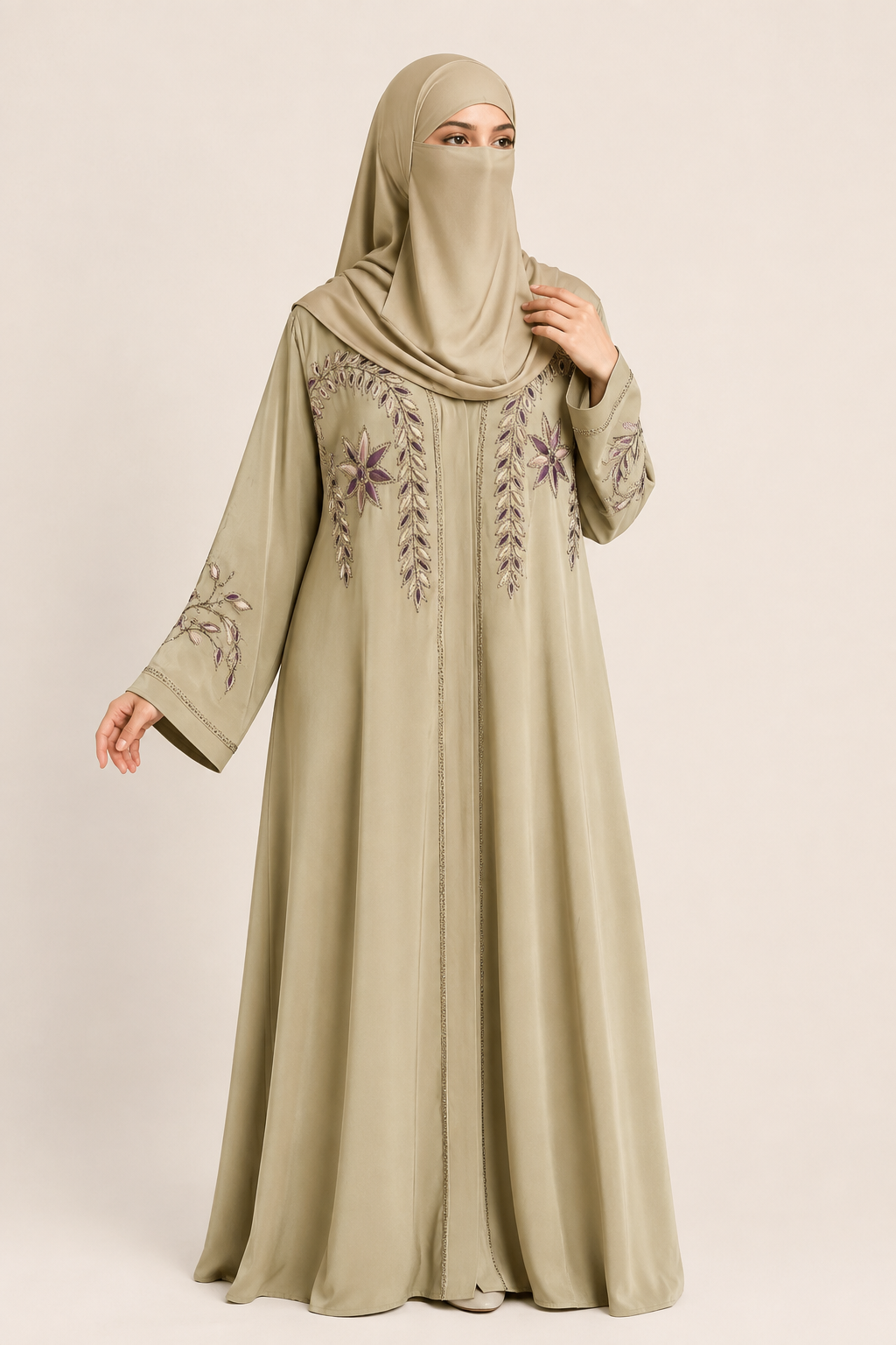 Front-Open Star Stone-Embroidered Abaya | Premium Romantic Nida Stonework Colorful Abaya