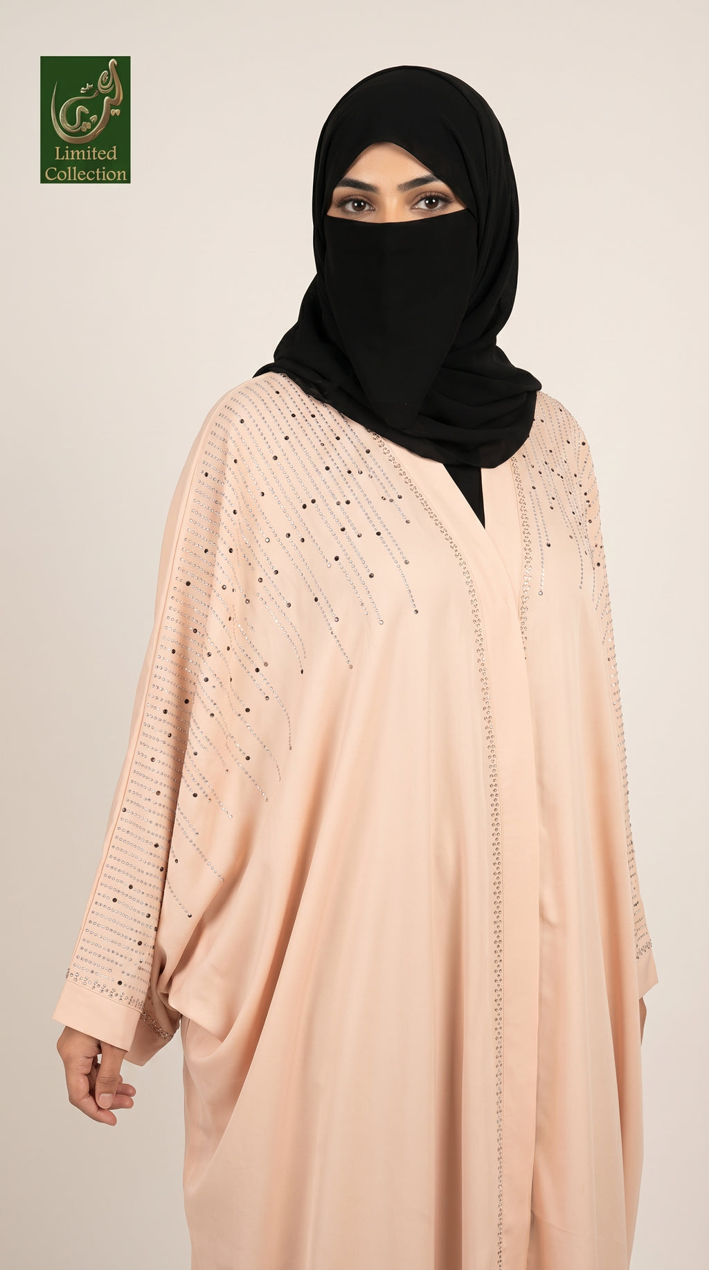 Front-Open Cascading Raindrop Stonework Butterfly Abaya & Contrast Scarf | Premium Nida Stone-Studded Colored Abaya