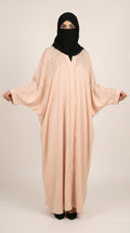 Front-Open Cascading Raindrop Stonework Butterfly Abaya & Contrast Scarf | Premium Nida Stone-Studded Colored Abaya