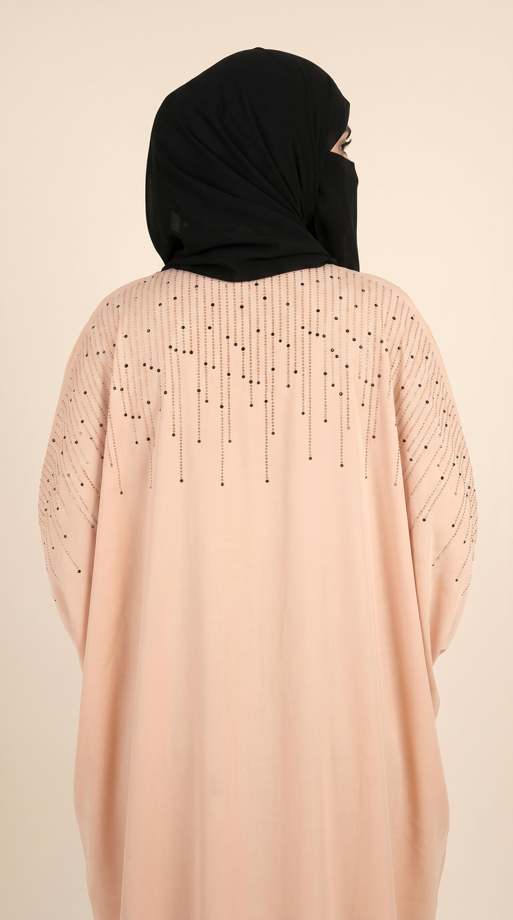 Front-Open Cascading Raindrop Stonework Butterfly Abaya & Contrast Scarf | Premium Nida Stone-Studded Colored Abaya