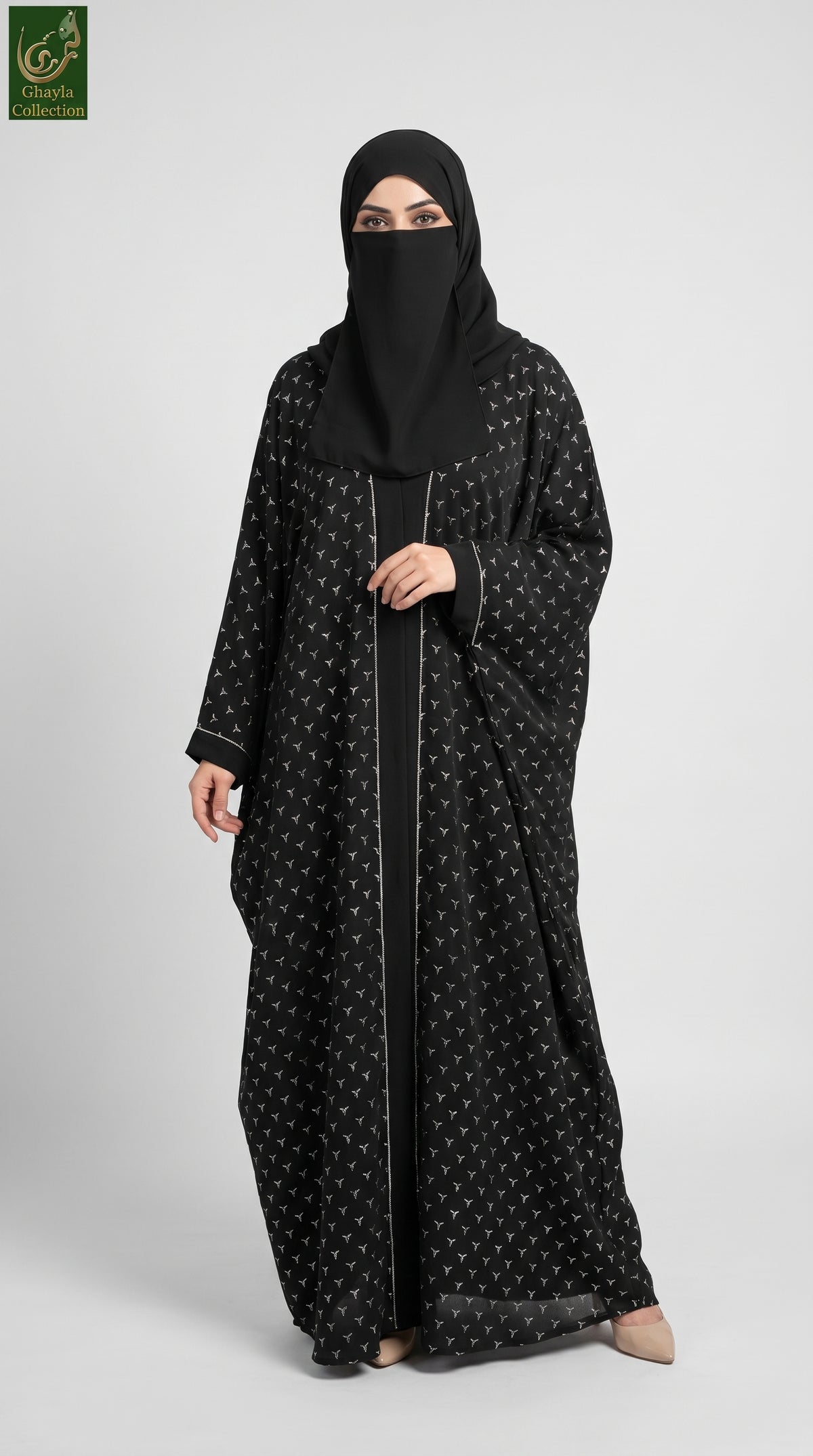 Front-Open Trinity Stonework Abaya with Matching Black Scarf | Premium Nida Stone-Studded Abaya