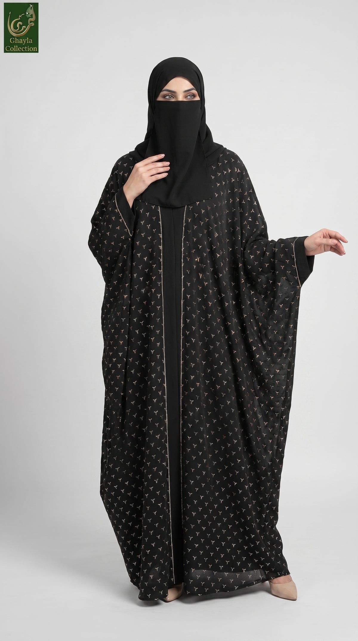 Front-Open Trinity Stonework Abaya with Matching Black Scarf | Premium Nida Stone-Studded Abaya