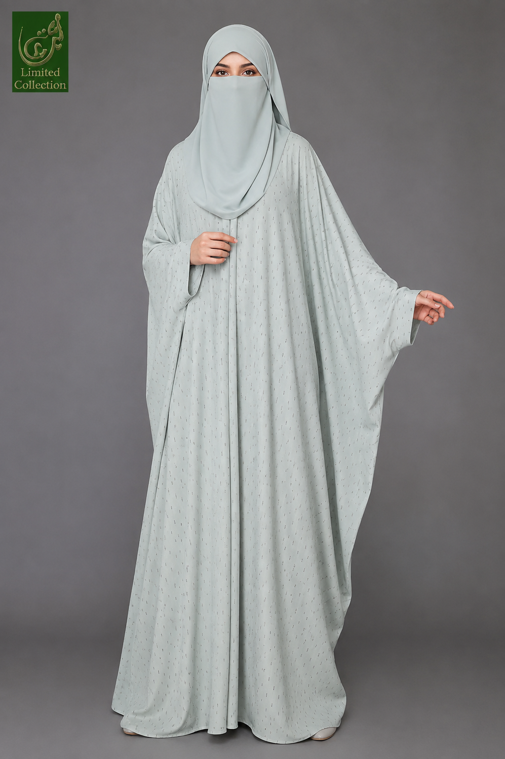 Front-Open Scatter Dot Stonework Butterfly Abaya with Scarf | Premium Nida Three-Dot Embellished Butterfly Sleeve Abaya