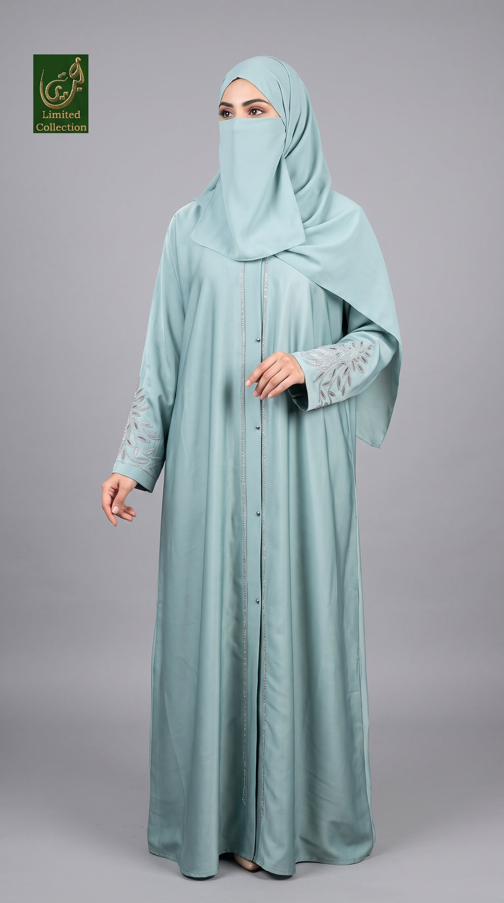 Skyblue Stonework Embroidery Abaya on sleeves and back