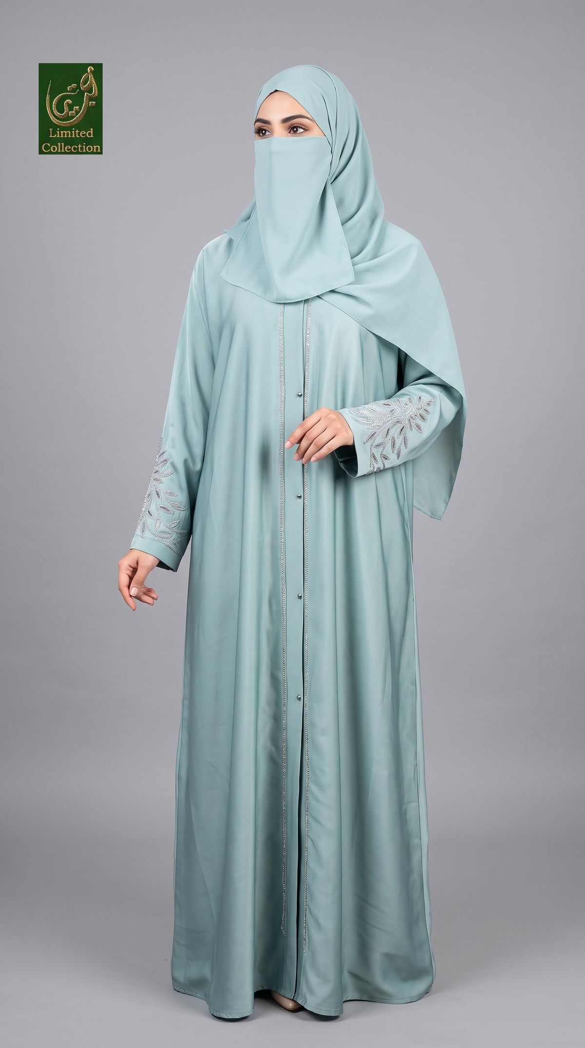 Skyblue Stonework Embroidery Abaya on sleeves and back